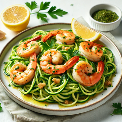 Zucchini noodles topped with garlic shrimp, garnished with parsley and lemon on a white plate.