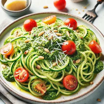 Zucchini noodles with pesto sauce, garnished with cherry tomatoes, grated Parmesan, and crushed pine nuts on a white plate.